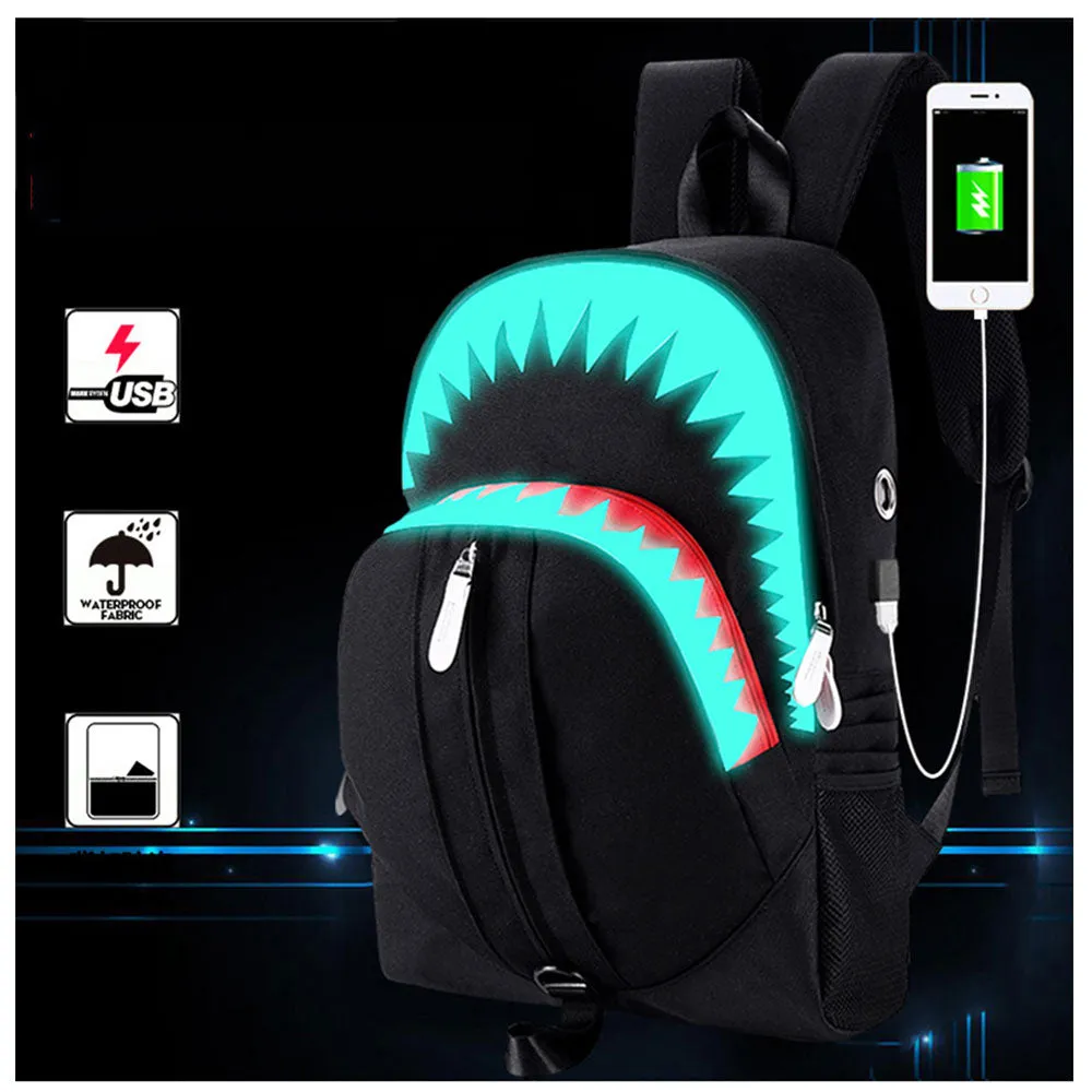 Glow in The Dark Backpack for Teen Cool Shark Mouth Bookbag with USB Charging