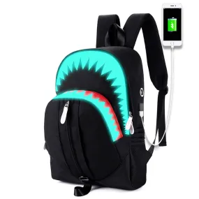 Glow in The Dark Backpack for Teen Cool Shark Mouth Bookbag with USB Charging