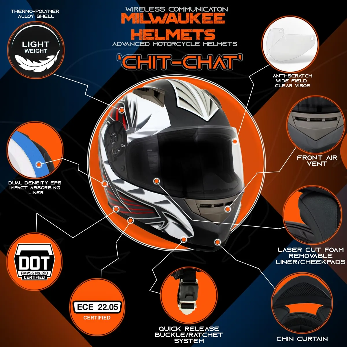 H520 Titanium and Red Chit-Chat Black Full Face Motorcycle Helmet w/ Intercom - Built-in Speaker and Microphone for Men / Women