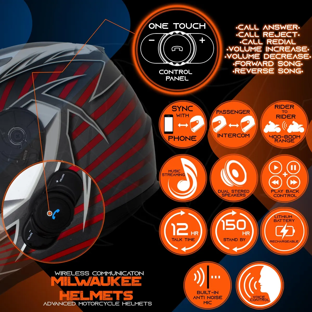 H520 Titanium and Red Chit-Chat Black Full Face Motorcycle Helmet w/ Intercom - Built-in Speaker and Microphone for Men / Women