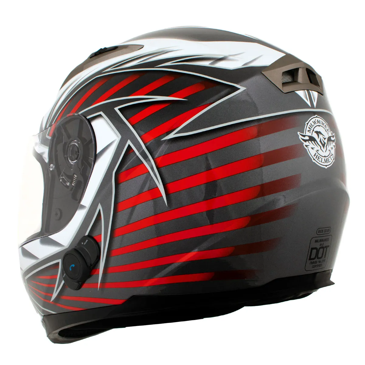 H520 Titanium and Red Chit-Chat Black Full Face Motorcycle Helmet w/ Intercom - Built-in Speaker and Microphone for Men / Women