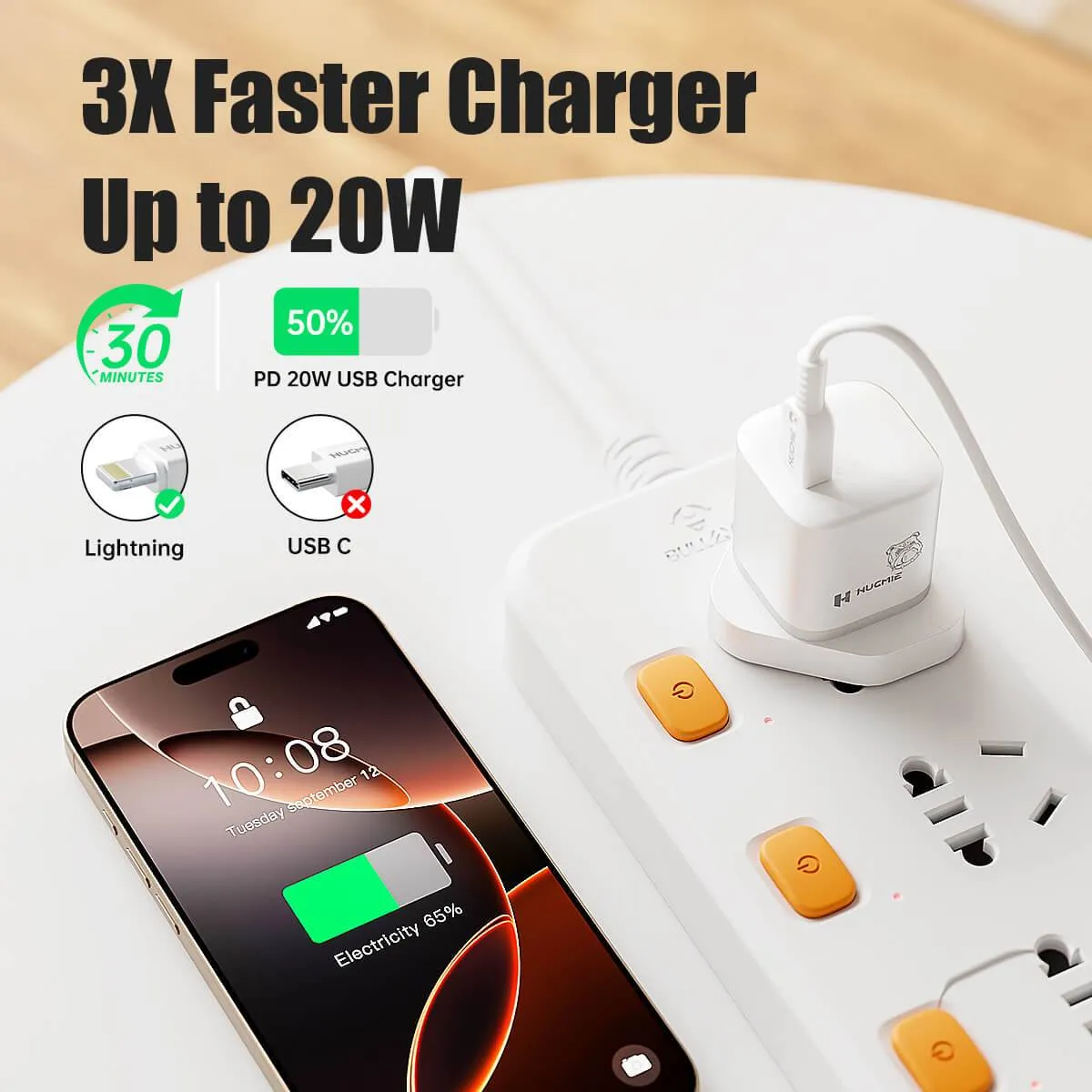 Hugmie® FP-02I 20W PD Fast Charger with 1M Type C to Lightning Cable