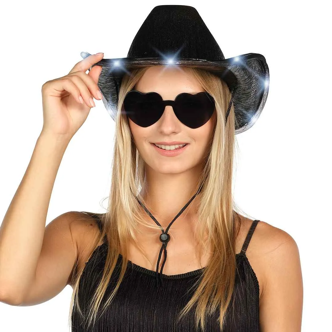 Light Up Cowboy Hat for Women - Black Holographic Space Cowgirl Hat with Glasses - FUNCREDIBLE