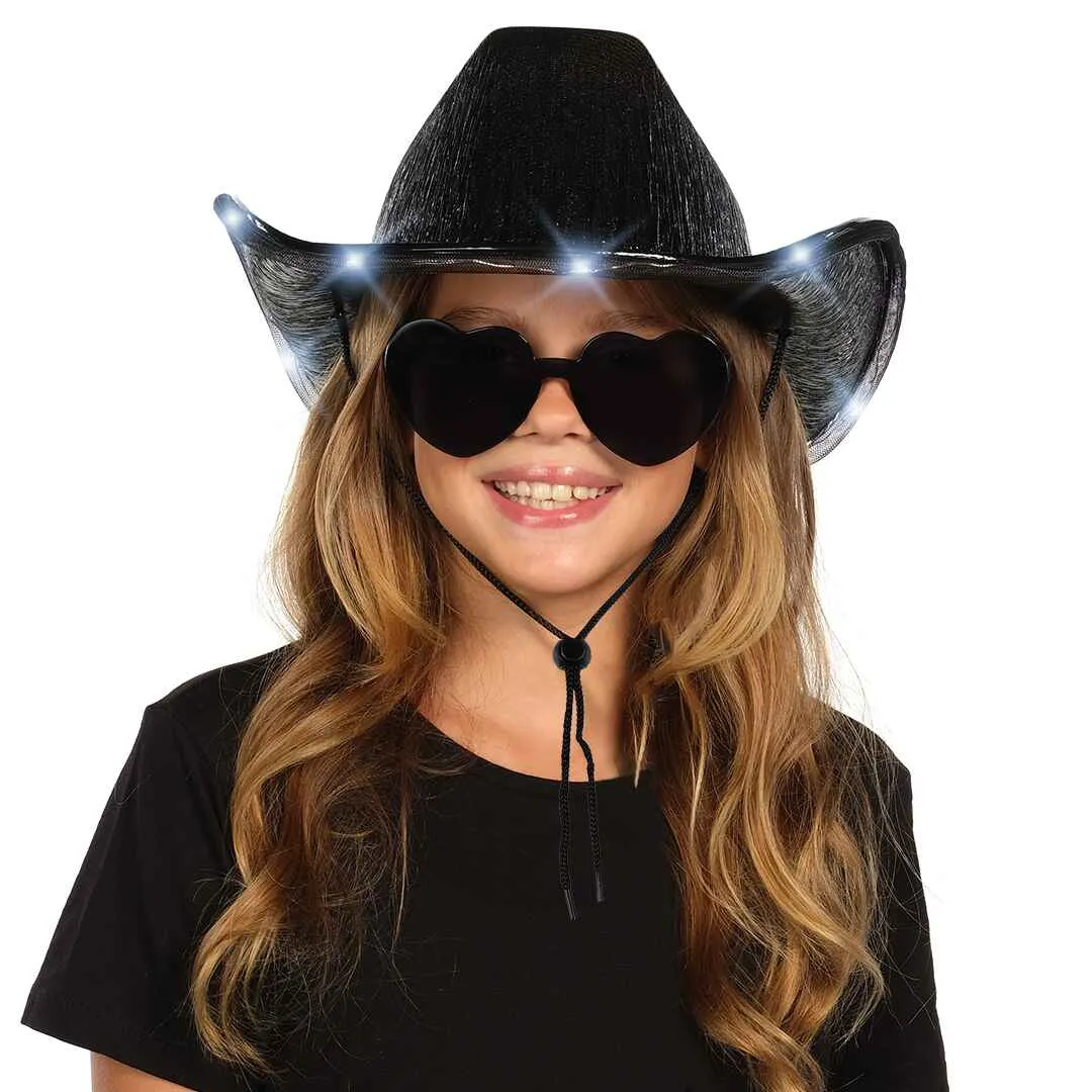 Light Up Cowboy Hat for Women - Black Holographic Space Cowgirl Hat with Glasses - FUNCREDIBLE