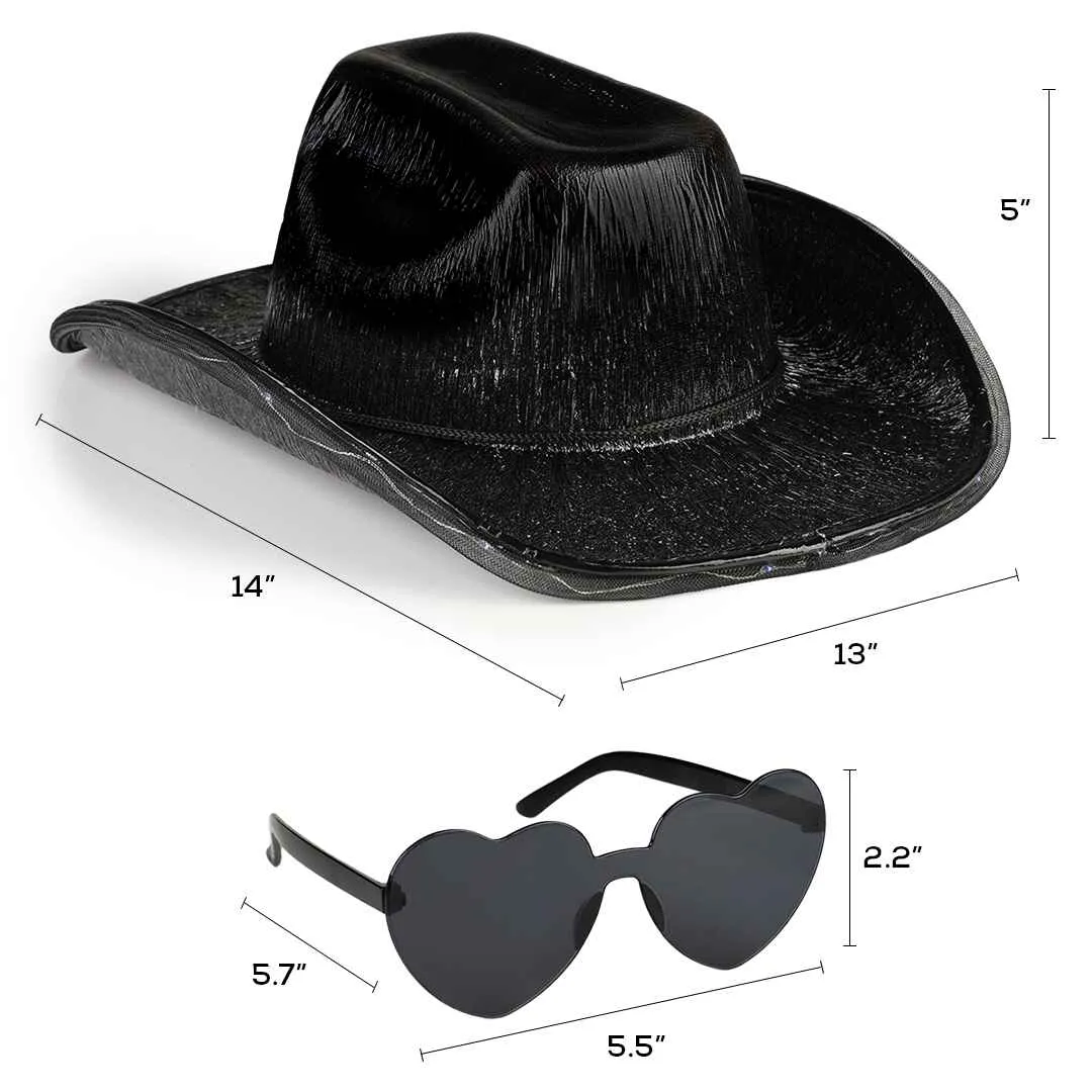 Light Up Cowboy Hat for Women - Black Holographic Space Cowgirl Hat with Glasses - FUNCREDIBLE