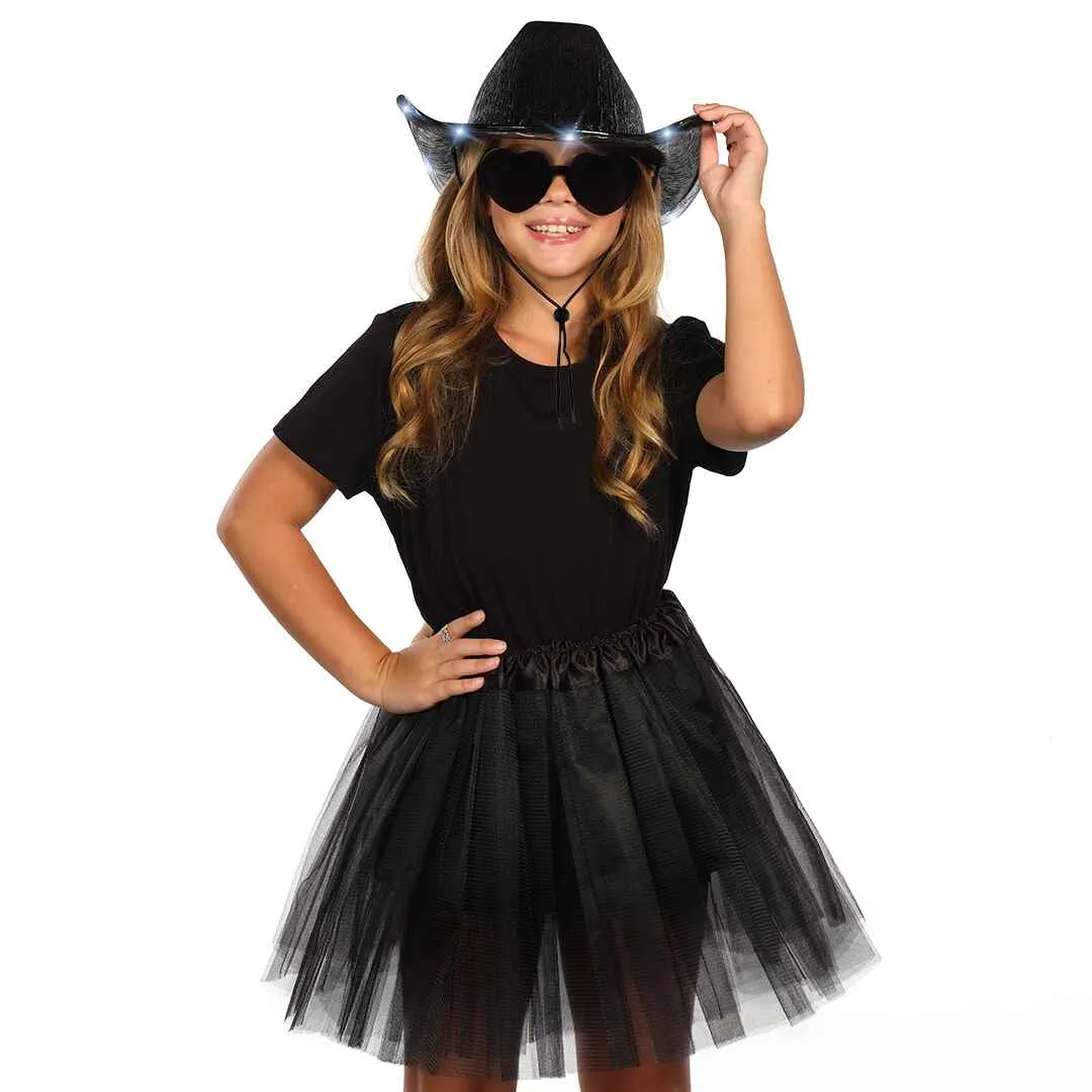 Light Up Cowboy Hat for Women - Black Holographic Space Cowgirl Hat with Glasses - FUNCREDIBLE