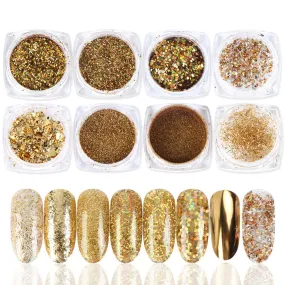Macute Gold Nail Glitters 8 Colors Metallic Nail Art Sequins for Women Fingernails and Toenails Beauty Designs Manicure Tips Charms Face Decoration Kit Body Accessory Shining Flakes
