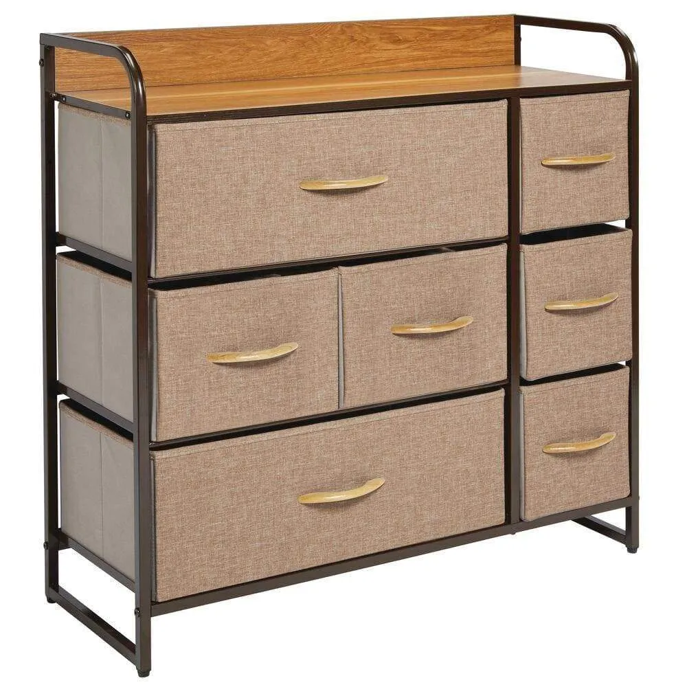 mDesign Wide Dresser Storage Chest, Sturdy Steel Frame, Wood Top, Easy Pull Fabric Bins - Organizer Unit for Bedroom, Hallway, Entryway, Closet - Textured Print, 7 Drawers - Coffee/Espresso Brown