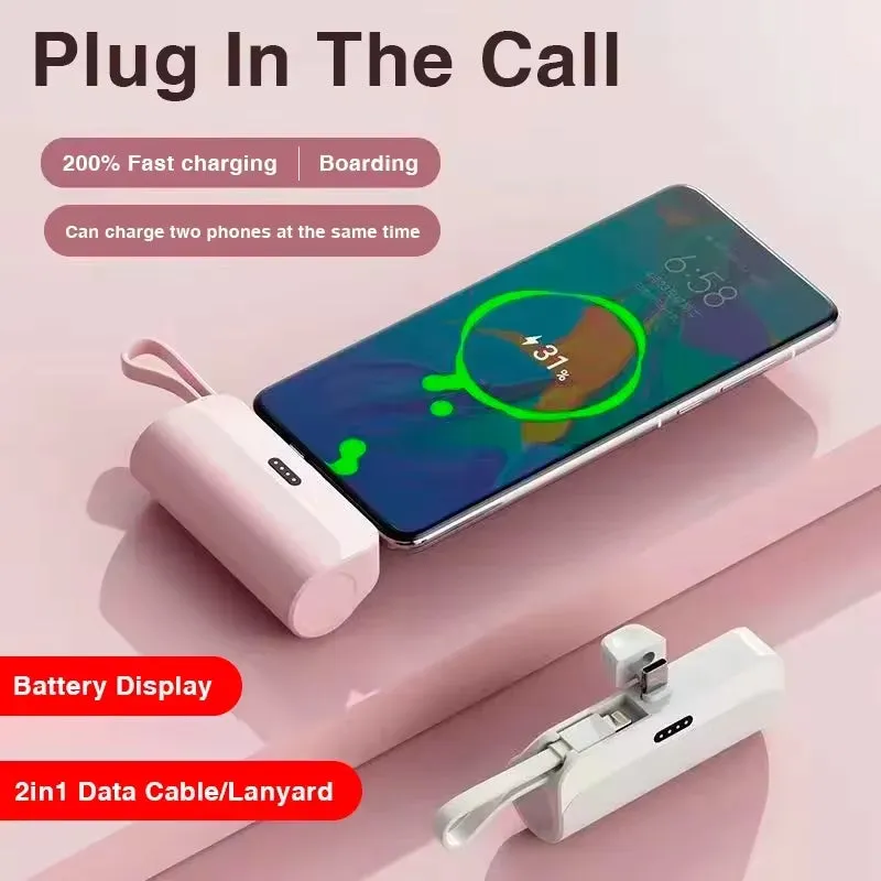 Mini Capsule Power Bank 2-in-1 with Built-in Cable
