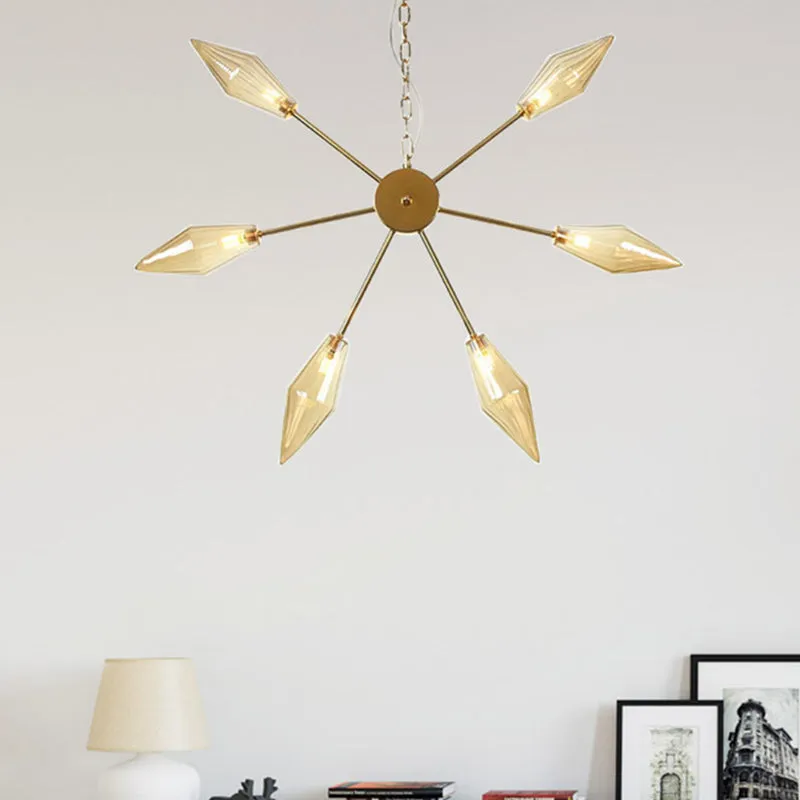 Modern Industrial Sputnik Chandelier with Amber/Clear Glass - 6/9/12 Lights - Black/Copper/Chrome Finishes