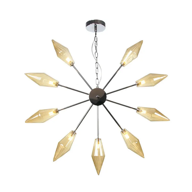 Modern Industrial Sputnik Chandelier with Amber/Clear Glass - 6/9/12 Lights - Black/Copper/Chrome Finishes