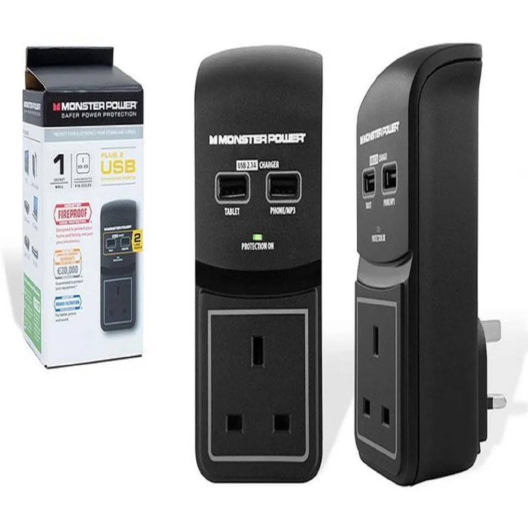 Monster Power Core 100 Surge Protected Socket with 2 USB Charging Ports, Black