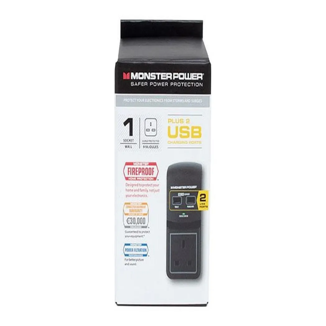 Monster Power Core 100 Surge Protected Socket with 2 USB Charging Ports, Black
