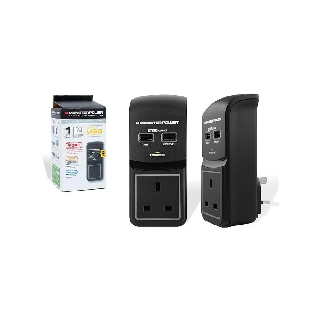 Monster Power Core 100 Surge Protected Socket with 2 USB Charging Ports, Black