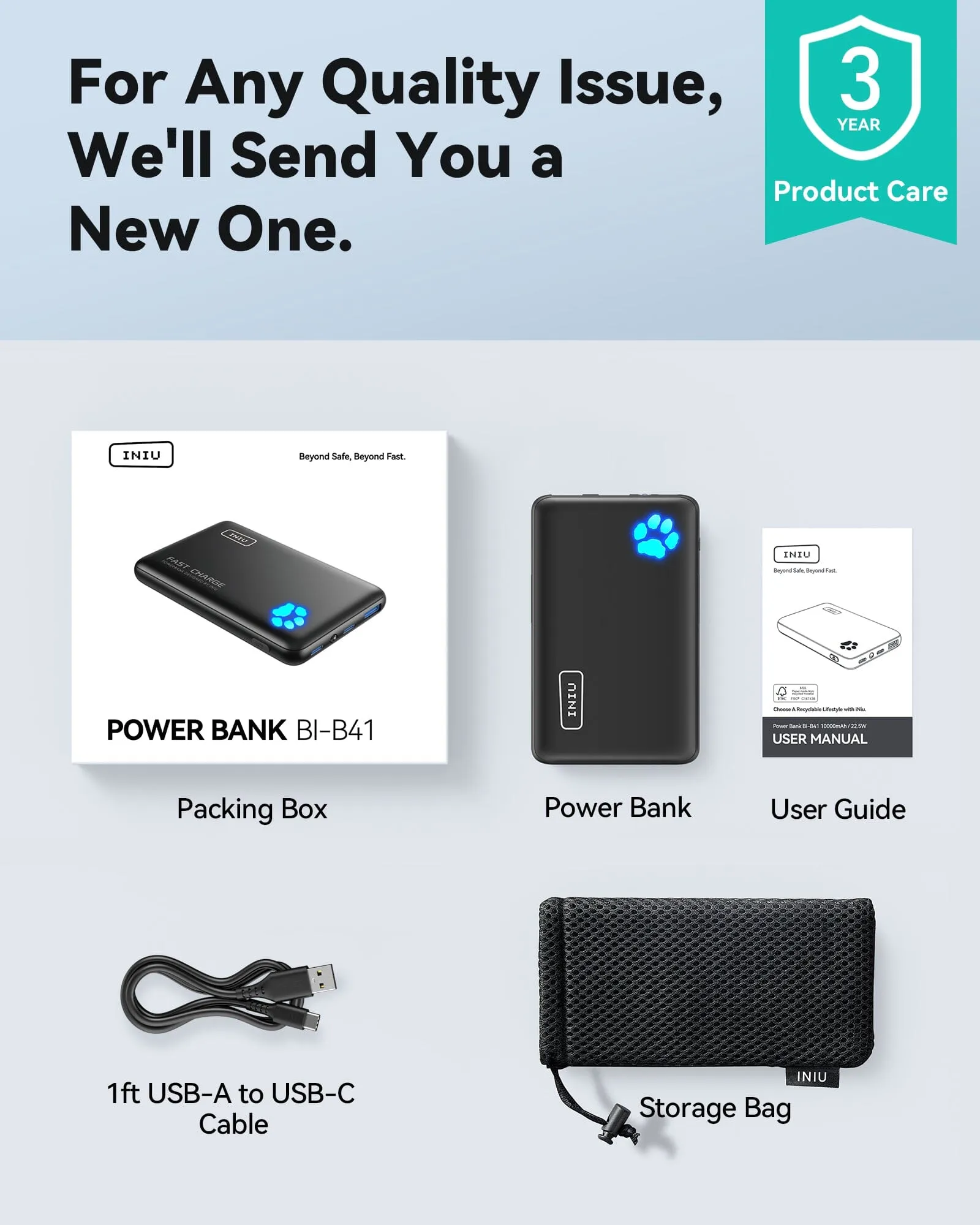 【New】INIU B41 Power Bank, Fast Charge, 22.5W, 10,000mAh