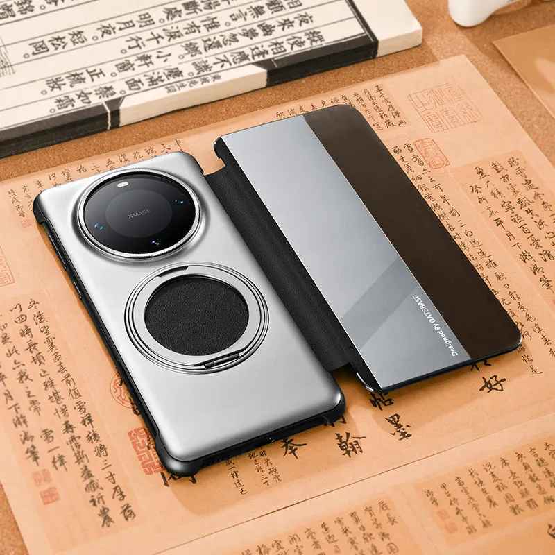 Oatsbasf Metal   Genuine Leather Smart Flip Cover MagSafe Bracket Case