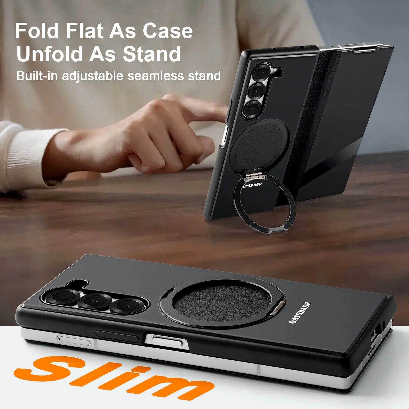 Oatsbasf Metal   Genuine Leather Smart Flip Cover MagSafe Bracket Case