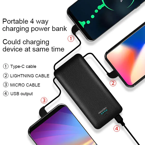 OEM customized portable charger 10000mAh best power bank with ac plug built-in iphone cable Micro cable Type-c cable for Android Heloideo PB147AC