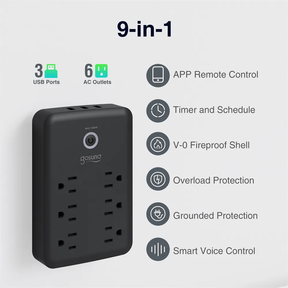 P2 Black USB Wall Socket Smart Plug Wall Outlet Extender