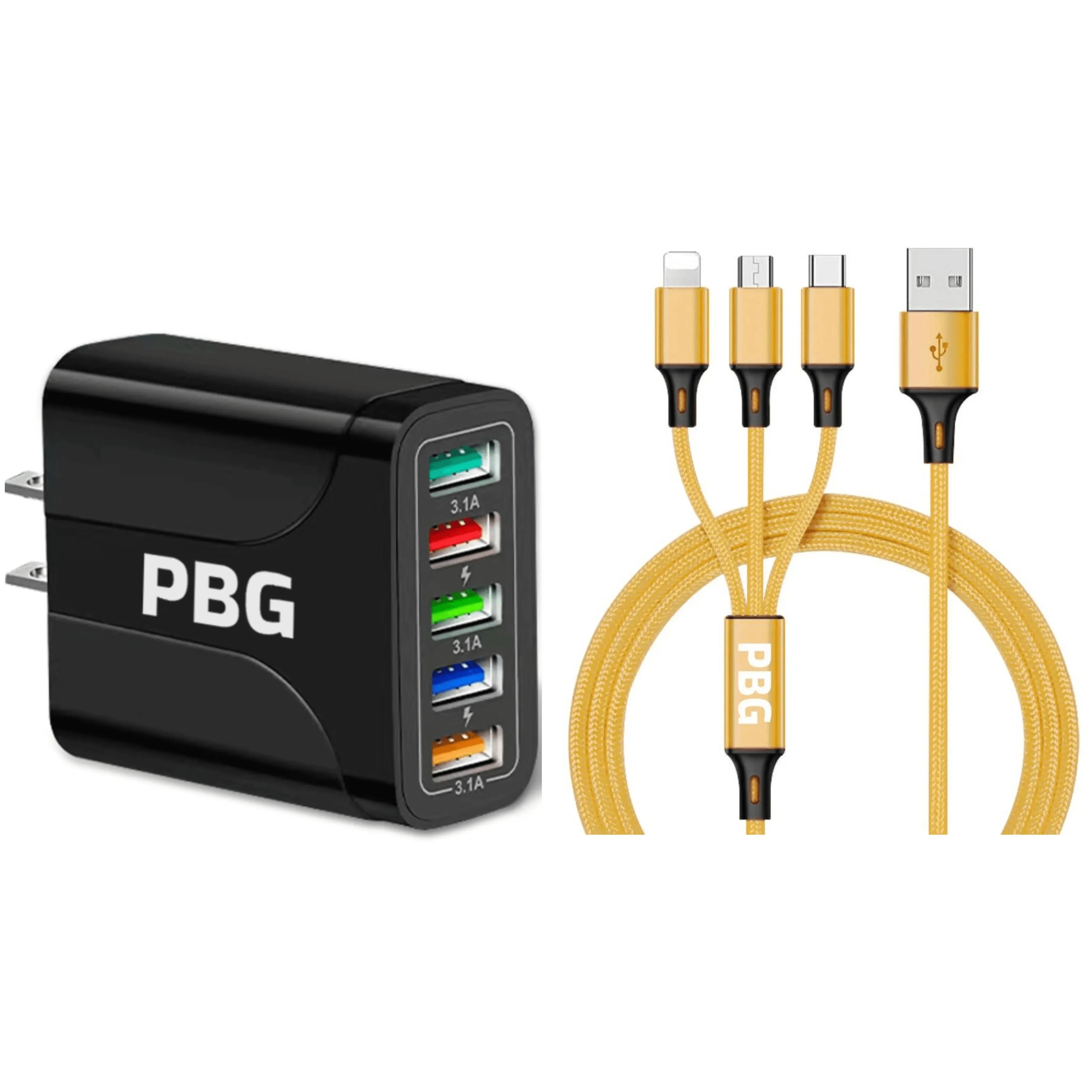 PBG Black 5-Port LED Wall Charger & QC 3-in-1 Nylon Braided Fast Charging Cable