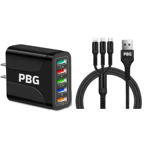 PBG Black 5-Port LED Wall Charger & QC 3-in-1 Nylon Braided Fast Charging Cable