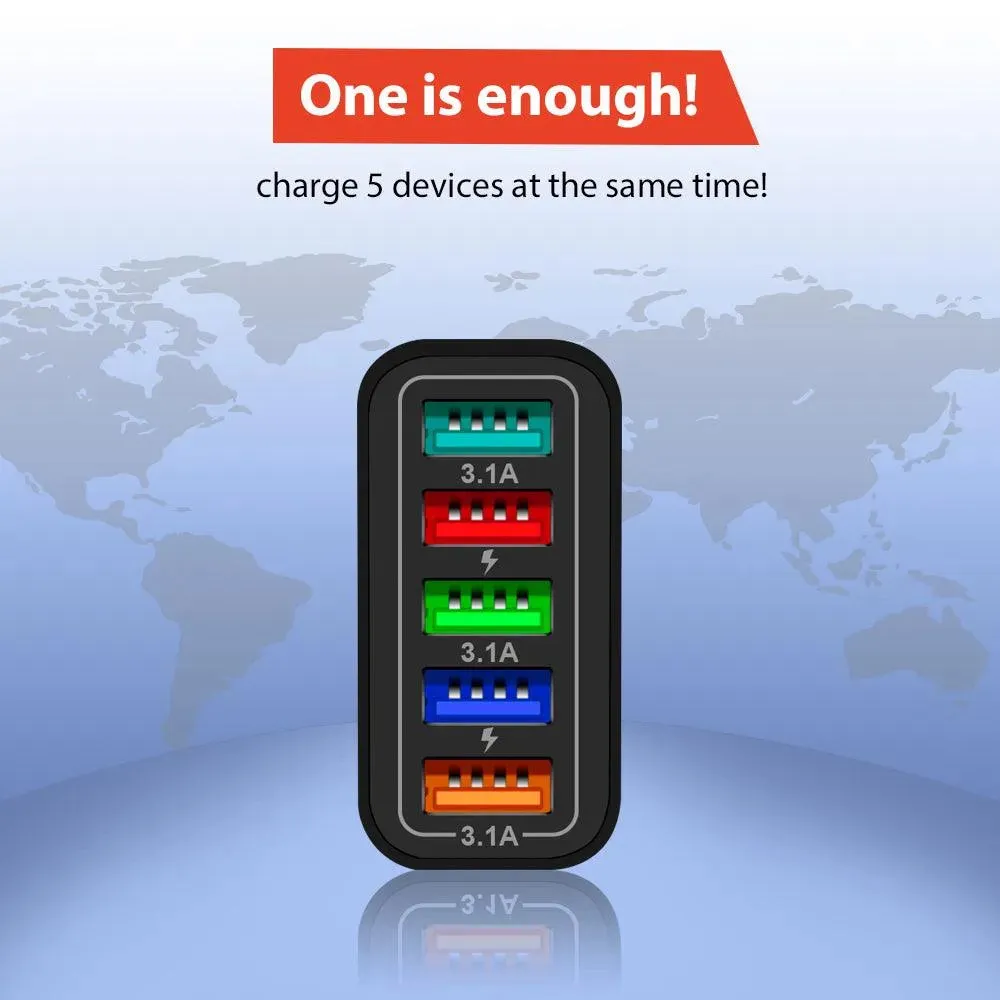 PBG Black 5-Port LED Wall Charger & QC 3-in-1 Nylon Braided Fast Charging Cable