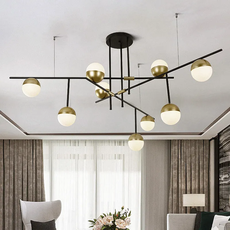 Postmodern 1/3-Tier Hanging Chandelier - Cream Ball Glass - Black and Gold - 3/9 Bulbs - Ceiling Suspension Lamp