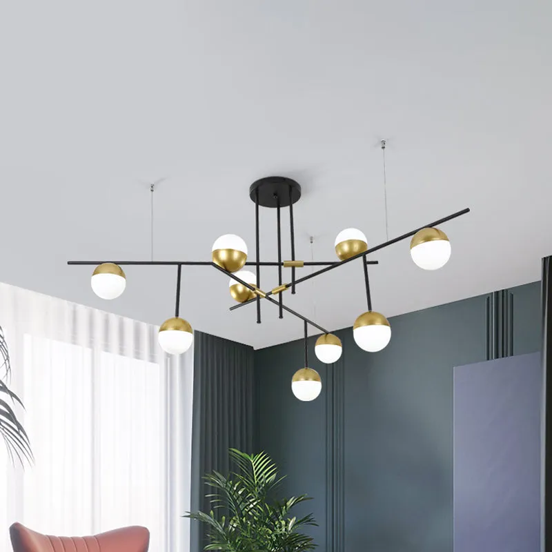 Postmodern 1/3-Tier Hanging Chandelier - Cream Ball Glass - Black and Gold - 3/9 Bulbs - Ceiling Suspension Lamp