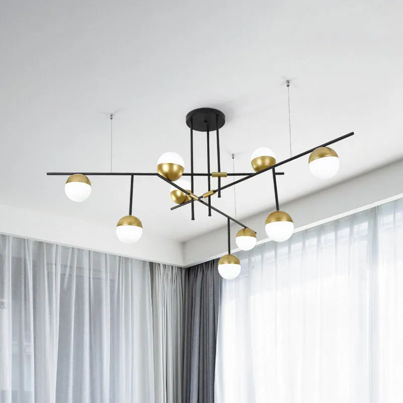 Postmodern 1/3-Tier Hanging Chandelier - Cream Ball Glass - Black and Gold - 3/9 Bulbs - Ceiling Suspension Lamp