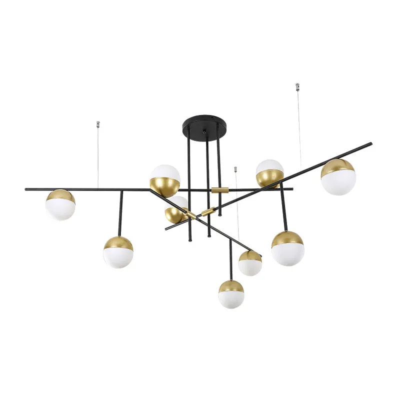 Postmodern 1/3-Tier Hanging Chandelier - Cream Ball Glass - Black and Gold - 3/9 Bulbs - Ceiling Suspension Lamp