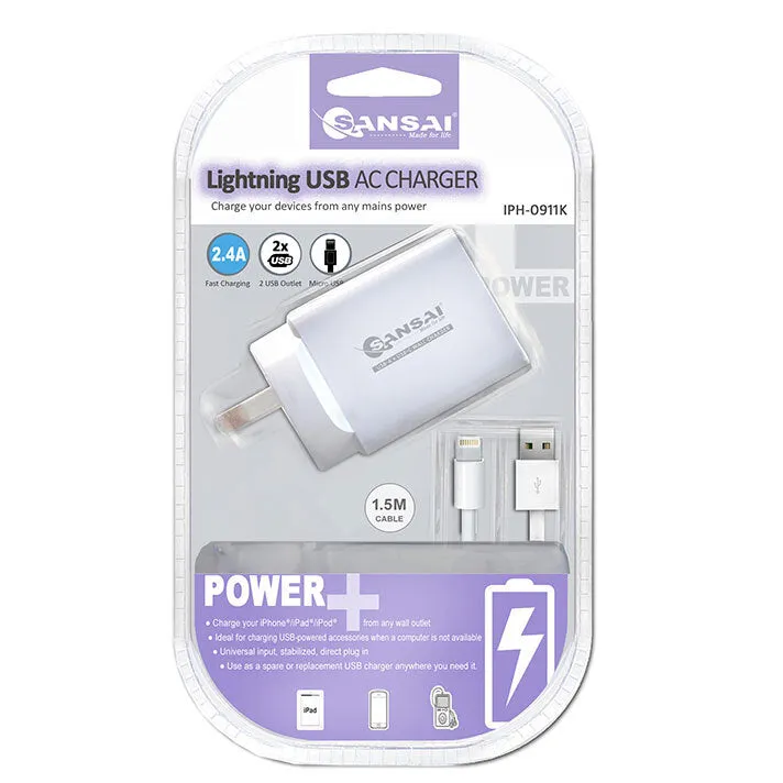 Sansai Wall Charger with 2 USB Ports & iPhone Charging Cable