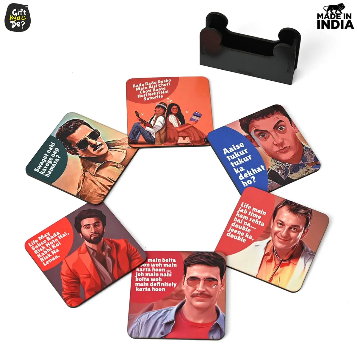 Square Coaster Set of 6 with Proper Coaster Stand | Designer Coaster Set fit for Tea Cups, Coffee Mugs and Glasses