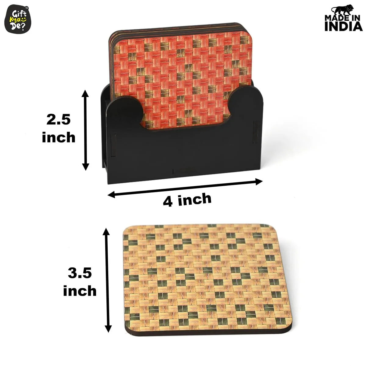 Square Coaster Set of 6 with Proper Coaster Stand | Designer Coaster Set fit for Tea Cups, Coffee Mugs and Glasses