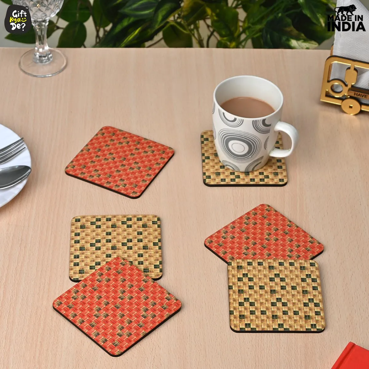 Square Coaster Set of 6 with Proper Coaster Stand | Designer Coaster Set fit for Tea Cups, Coffee Mugs and Glasses