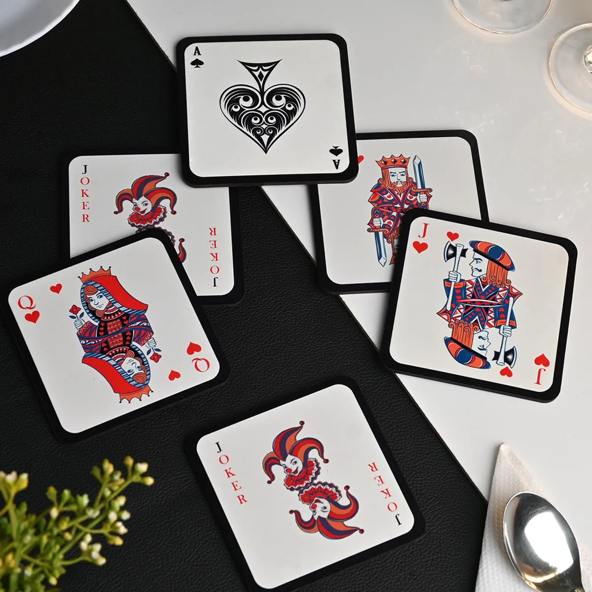 Square Coaster Set of 6 with Proper Coaster Stand | Designer Coaster Set fit for Tea Cups, Coffee Mugs and Glasses