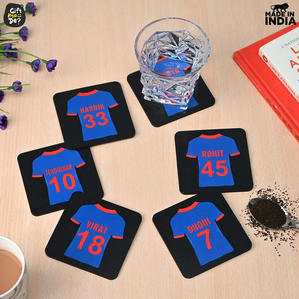 Square Coaster Set of 6 with Proper Coaster Stand | Designer Coaster Set fit for Tea Cups, Coffee Mugs and Glasses