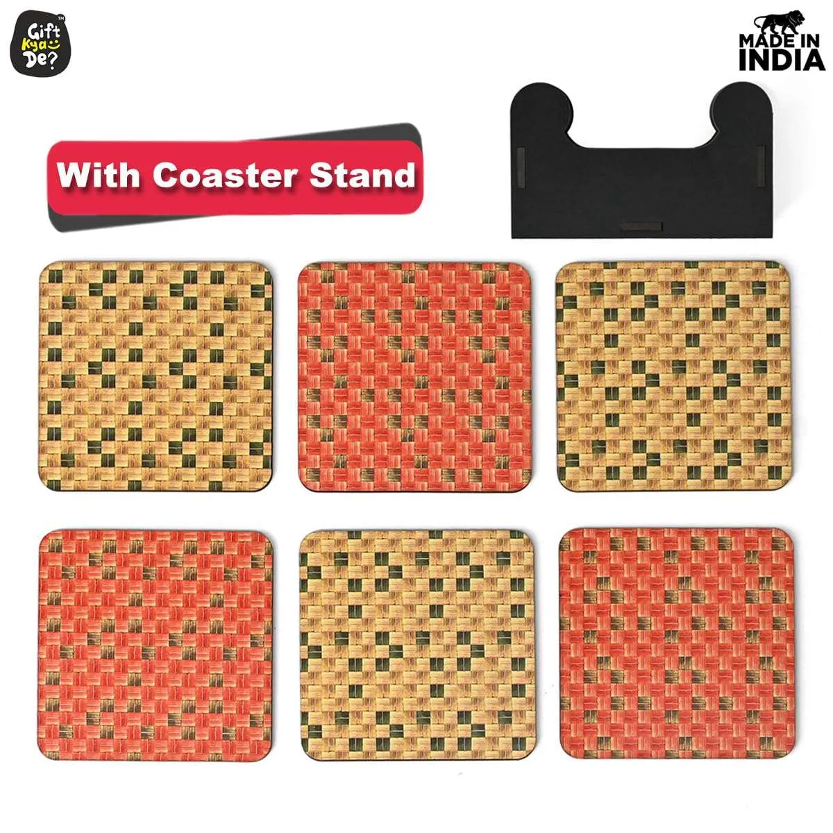 Square Coaster Set of 6 with Proper Coaster Stand | Designer Coaster Set fit for Tea Cups, Coffee Mugs and Glasses