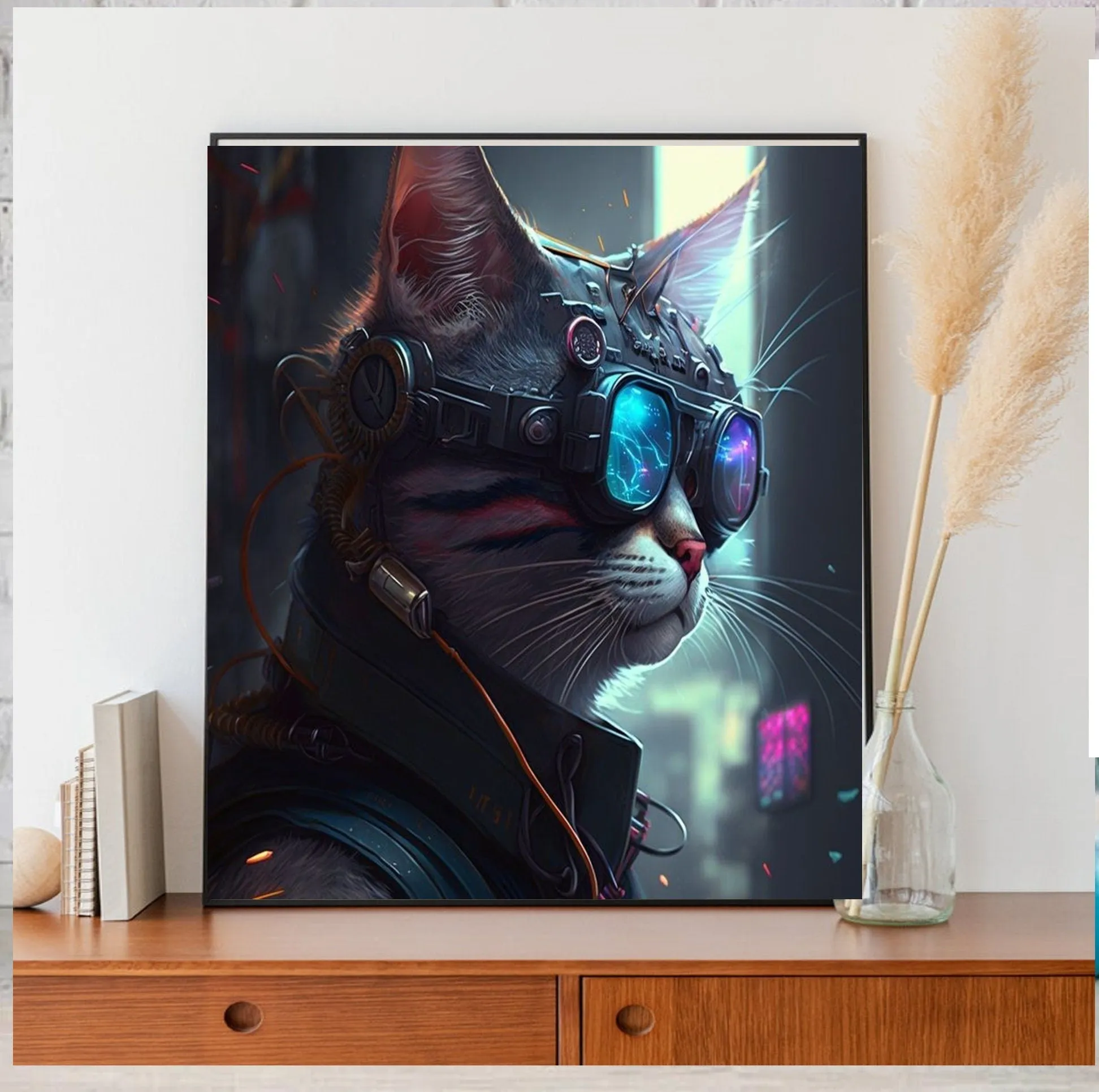 tabby cyberpunk cat with glasses   ,tabby cat-poster , Cat Wall Art -Cat Print - | AI-Generated Art | Futuristic Ai Art |
