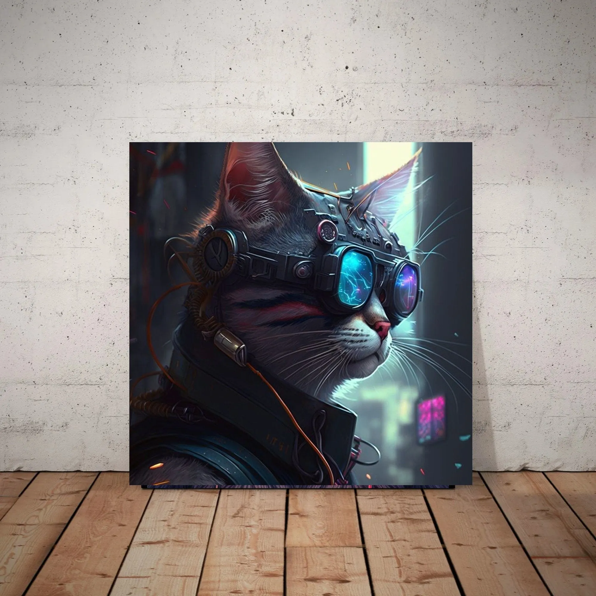 tabby cyberpunk cat with glasses   ,tabby cat-poster , Cat Wall Art -Cat Print - | AI-Generated Art | Futuristic Ai Art |