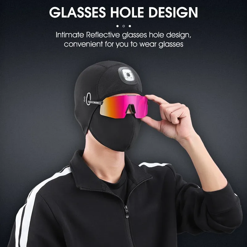 Winter Cycling Cap LED Skull Cap Running Fishing Camping USB Rechargeable Sport Hat With Headlight Glasses Holes